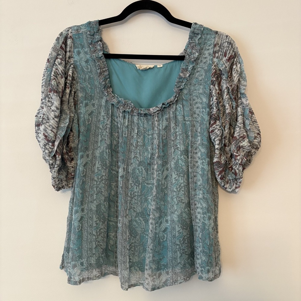 Mixed Print Puff Sleeve Floral Paisley Blouse Blue Sz S Cottage Ruffles Coquette